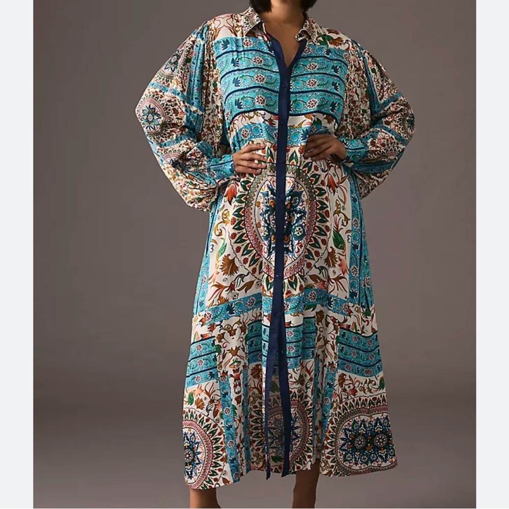 Anthropologie Teal-Multicolor Medallion Maxi Let Me Be Printed Shirt Dress 1X